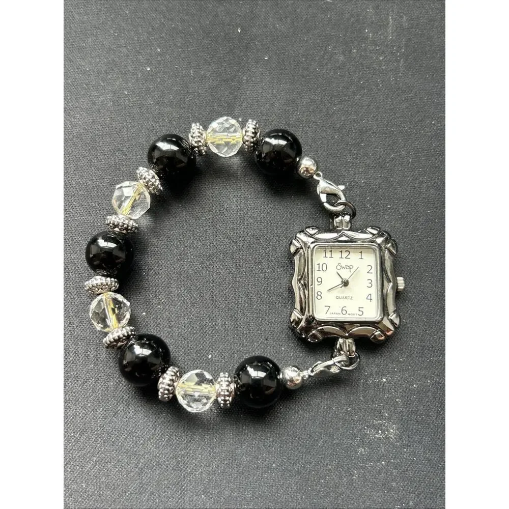 Swap Dark Silver Tone Beaded Band Women’s Quartz Watch